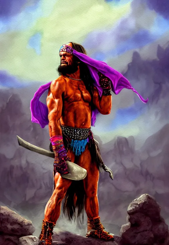Image similar to a solitary macho man randy savage wearing a colourful heavy cloak alone full body rocky desolate wasteland | portrait | fantasy impressionist watercolour painting | matte painting | matte drawing | middle earth | pathfinder | featured on artstation deviant art | sword and sorcery | pintrest | conan | darksun | d & d dungeons and dragons | barbarian