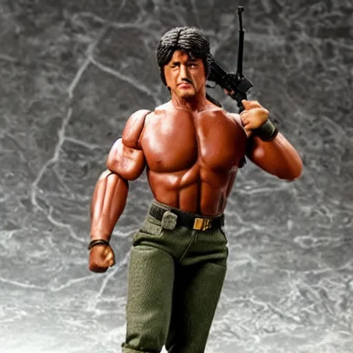 Image similar to Whole body and head are in the picture. 12 inch full body lifelike action figure of Stallone as Rambo. Big muscles. Holding a fully automatic rifle