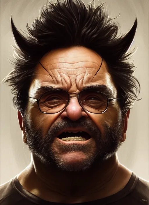 Image similar to danny devito as wolverine, realistic portrait, symmetrical, highly detailed, digital painting, artstation, concept art, smooth, sharp focus, illustration, cinematic lighting, art by artgerm and greg rutkowski and alphonse mucha