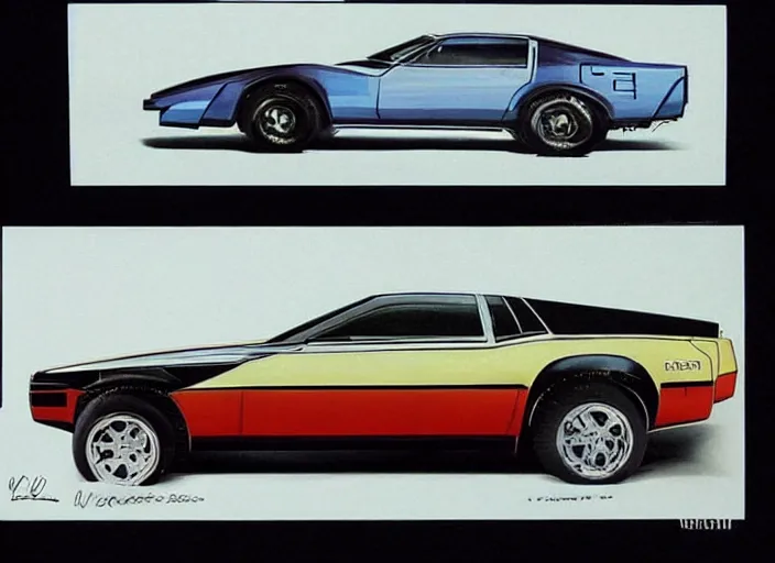 Prompt: ( ( ( ( ( knight rider kitt, car concept art, sci - fi illustration, painting, in the style of logan's run ) ) ) ) ) by vincent di fate and john berkey and 1 9 8 2 pontiac trans am!!!!!!!