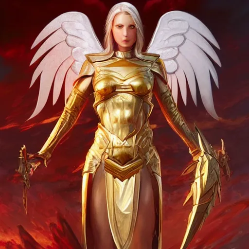 Prompt: archangel of fury, full-body portrait, D&D, fantasy, portrait, highly detailed, digital painting, artstation, concept art, sharp focus, illustration, art by artgerm and greg rutkowski and magali villeneuve, red white and gold color scheme