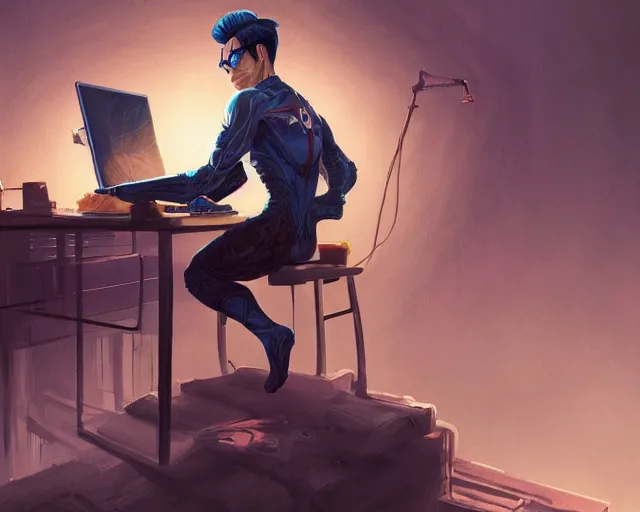 Image similar to an insanely detailed painting of a nerdy asian man wearing a superhero costume, sitting at a desk, staring at the nervously at the computer and typing, in the style of peter mohrbacher, dramatic lighting and composition, octane render, pixar, trending on artstation, concept art, comic book, view from behind