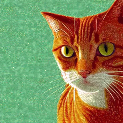 Prompt: a red tabby cat looking sly, pointillist style