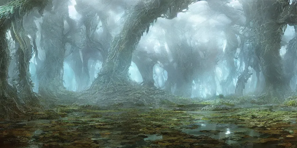 Image similar to Artwork of the Cinematic view of a diatoms forest by John Howe, Trending on artstation