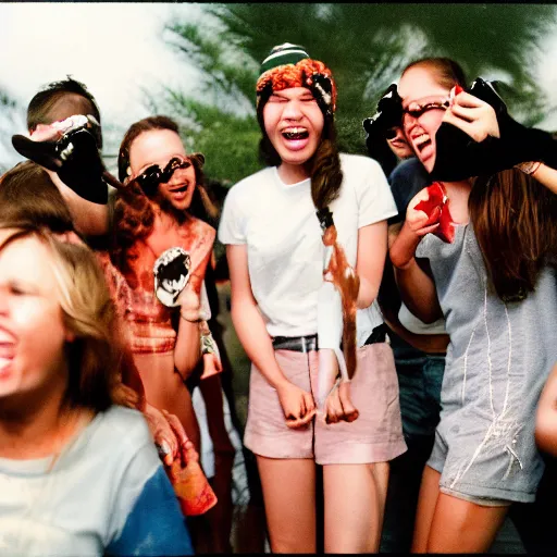 Prompt: a ultra high resolution people at a party standing in front of the camera. their faces are partially covered by spiders that exit from their mouths while they laugh loudly. kodak etkar 1 0 0.
