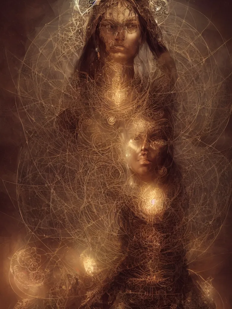 Prompt: a photo of her a mystical goddess woman covered in modular synthesizer parts surrounded by sacred geometry made from elven architecture, full body, perfect face, powerful, cinematic, beautifully lit, by bastien lecouffe - deharme, by karol bak, 3 d, octane render, 8 k