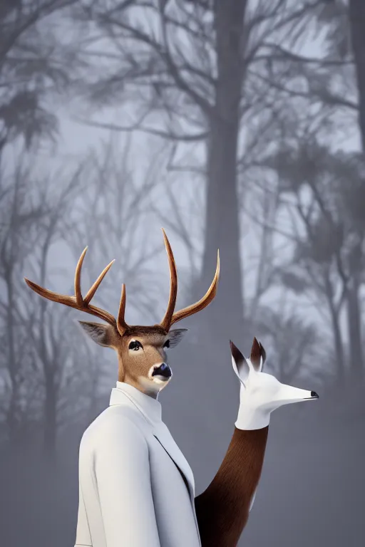 Image similar to an anthro deer wearing a white formal coat, talking to a crow, hyperrealistic, concept art, octane render, unreal engine 5, trending on DeviantArt, highly detailed, high quality, 8K, soft lighting, cute, natural lighting, realistic face, trending on Artstation, elegant clothes, profile picture, path traced, house background