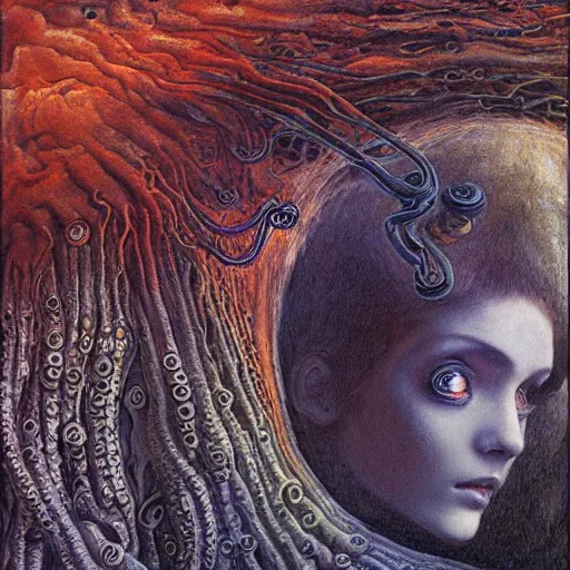 Image similar to vertical eyes, tentacle-enabled underwater human descendant, deep sea landscape, futuristic painting by jim burns, edward burne-jones, hironaka harumi, hd 8k