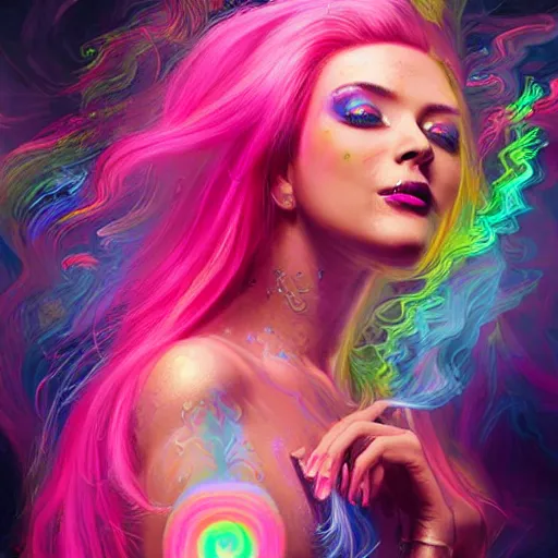 Prompt: psychedelic [ chemiluminescence ] [ [ [ smiling ] ] ] dancing sexy female chakra spirit with pink hair smoke and fluid dynamics, colorful, psychedelic, ornate, intricate, digital painting, concept art, smooth, sharp focus, illustration, blacklight reacting, art by artgerm and greg rutkowski