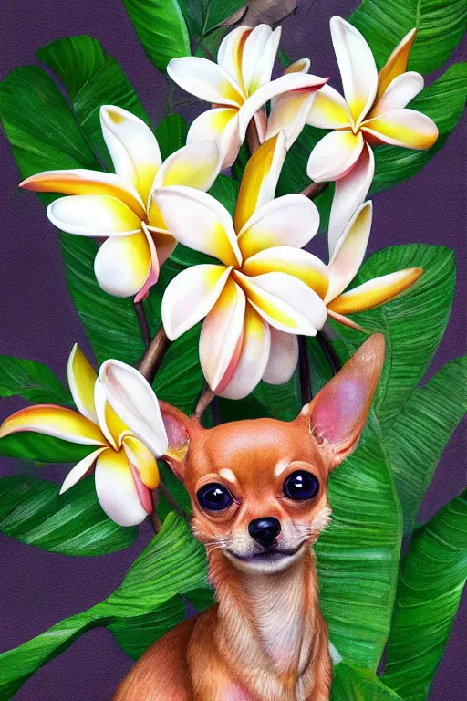 Image similar to ultra realistic illustration, portrait of a tan chihuahua plumeria tropical bouquet background, close up shot, fantasy, intricate, elegant, highly detailed, digital painting, artstation, concept art, smooth, sharp focus, illustration, surrealism