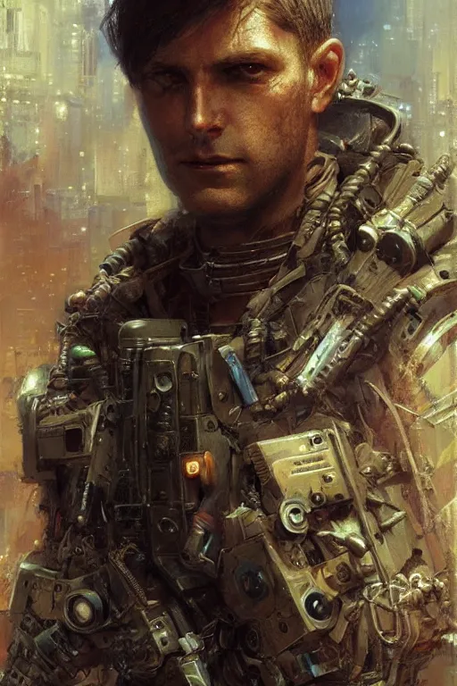 Prompt: a world war 3 cyberpunk pilot, upper body, highly detailed, intricate, sharp details, dystopian mood, sci-fi character portrait by gaston bussiere, craig mullins, inspired by graphic novel cover art