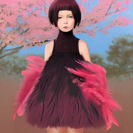 Image similar to little girl wearing an dress made of feathers, anime style, art by ilya kuvshinov, 8 k, concept art, gracious, realistic