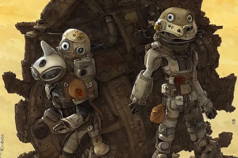 Image similar to anthropomorphic rodent with white and black ancestral ornate japanese tactical gear on an abandonment desert planet, high intricate details, long shot, rule of thirds, golden ratio, graphic novel by fiona staples and dustin nguyen, by beaststars and orange, peter elson, alan bean, studio ghibli, makoto shinkai