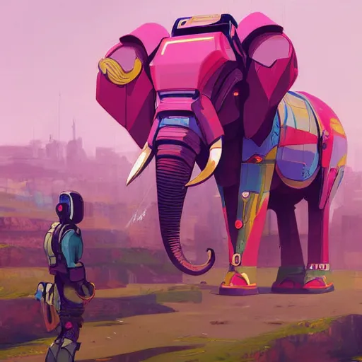 Prompt: Mecha Elephant, with vibrant pink, cyan, yellow and white colouring, with south african symbols!! in south african scrapyard!!!, highly detailed concept art, by Atey Ghailan, Cliff Chiang, Loish and Goro Fujita, resembles Nier Automata concept art