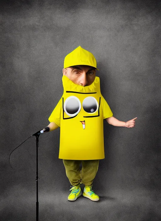 Image similar to yellow mnm candy mascot dressed as rapper eminem holding microphone, digital art, hd