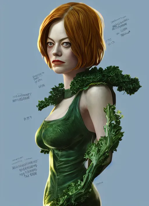 Image similar to portrait of emma stone as kale!! biohazard bioshock, au naturel, hyper detailed, digital art, trending in artstation, cinematic lighting, studio quality, smooth render, unreal engine 5 rendered, octane rendered, art style by klimt and nixeu and ian sprigger and wlop and krenz cushart