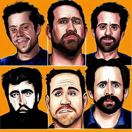 Prompt: the cast of its always sunny in philadelphia, photo realism, perfect face, realistic