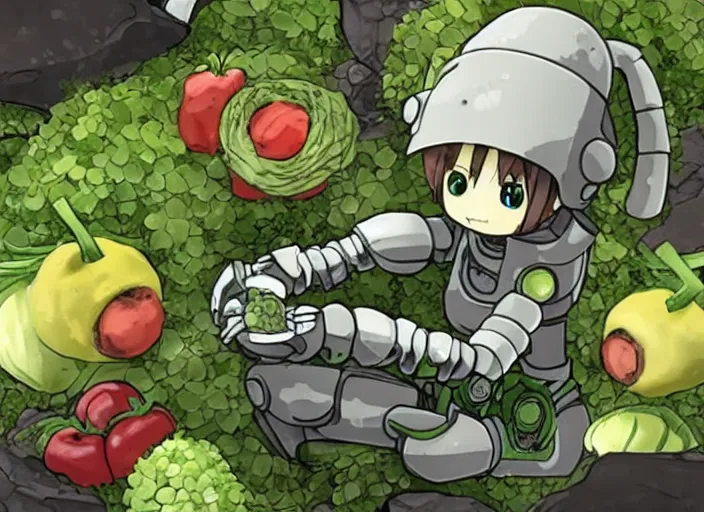 Prompt: robot made of vegetables, in made in abyss style