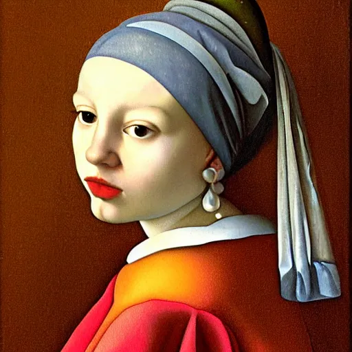 Prompt: girl with the pearl earing , earing is a fruit pear instead by johaness vermeer