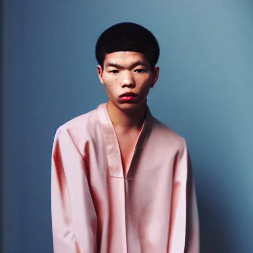 Image similar to realistic! photoshoot for a new balenciaga lookbook, color film photography, portrait of a beautiful asian person, photo in style of tyler mitchell, 35mm