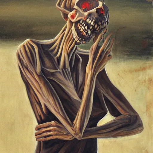 Prompt: death-camp-survivor-super-skinny-emaciated-horribly-skinny-Laughing-Cheerfully-telling-jokes painting by Thomas-Montacellinio