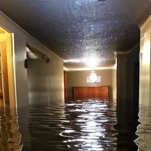 Prompt: a flooded basement hallway. the ceiling is flooded. craiglist photo.