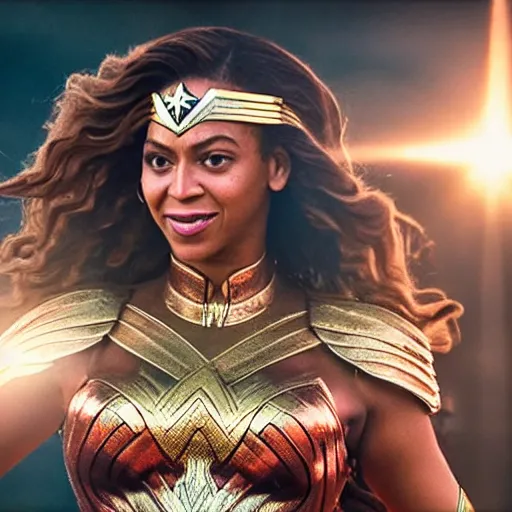 Image similar to A movie still of Beyonce as Wonder Woman, dynamic lighting, smiling, 8k, Heroic Pose, 2022 picture of the year