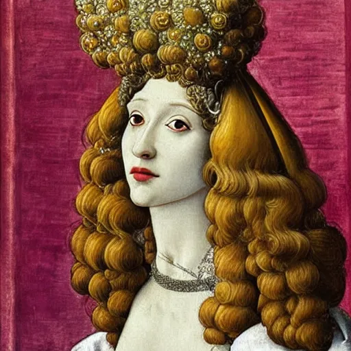 Prompt: portrait of a white poodle with curly white fur and curly white hair as an italian queen, painting by botticelli, 1 4 8 0 s