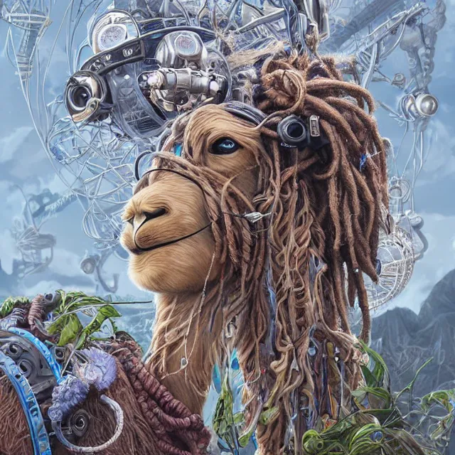 Image similar to llama with dreadlocks, industrial sci-fi, by Mandy Jurgens, Ernst Haeckel, James Jean