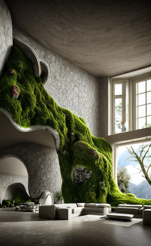 Image similar to highly detailed villa natural beautiful light interior soft cinematic composition of a smooth ceramic porcelain biomorphic magnolia stone nebula fluid sci - fi surreal architecture landscape, furniture, granite, trees, marble, moss, lichen, fungi, vincent callebaut composition, mamou - mani, archviz, 8 k, unreal engine, hdr