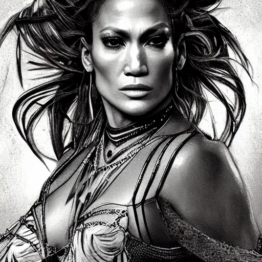 Prompt: Jennifer Lopez as a warrior woman, looking at camera, D&D, choker on neck, stylish dress, very long flowing hair, intricate, elegant, stylish, serious expression, extremely detailed, digital painting, artstation, concept art, smooth, sharp focus, illustration, stunning lighting, art by artgerm and greg rutkowski and alphonse mucha and simon stalenhag