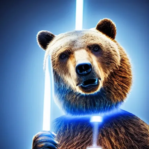 Image similar to portrait photo of a bear as a jedi, blue and yellow lighting, dark, cinematic, high quality, 4 k