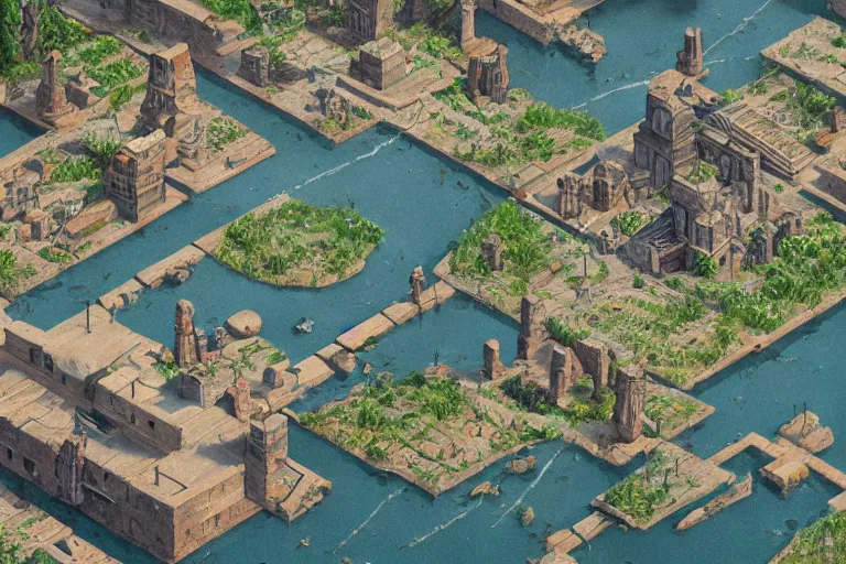 Image similar to ancient city, lake, plants, isometric art, isometric illustration, artstation, highly detailed, post processing, cinematic lighting + masterpiece