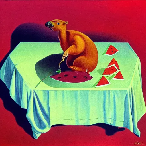 Image similar to Surrealist oil painting of a capybara enjoying a watermelon, as painted by Salvador Dali