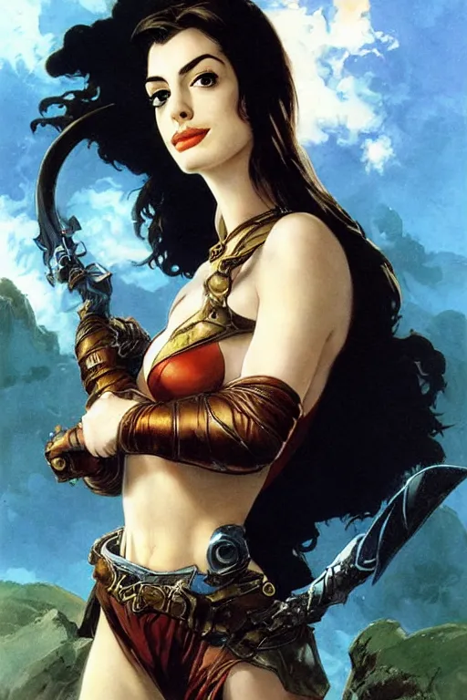Prompt: a portrait of a cute fantasy girl, anne hathaway, by frank frazetta, larry elmore, jeff easley and ross tran