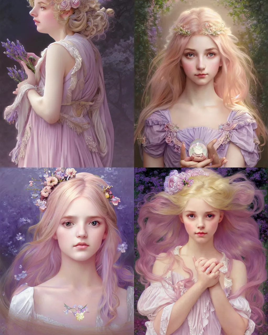 Prompt: portrait of magical young blonde girl, dreamy and ethereal, lavender and blush pink accents, peaceful expression, ornate frilly dress, fantasy, intricate, elegant, quality background, highly detailed, digital painting, artstation, concept art, smooth, soft focus, illustration, art by artgerm and mark ryden and alphonse mucha