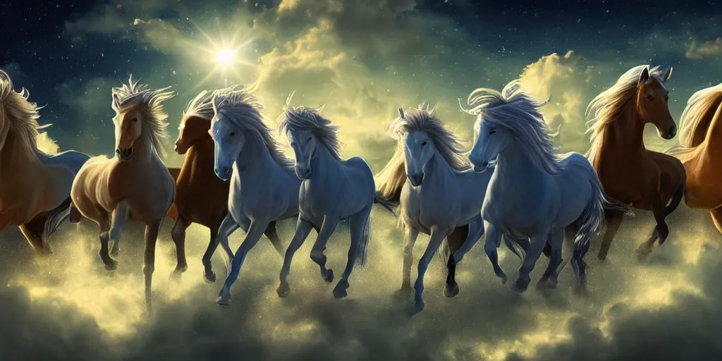 Prompt: a group of cyan spectral ghostly translucent horses with riders fly overhead in the starry twilight sky, high detail, sharp, digital art