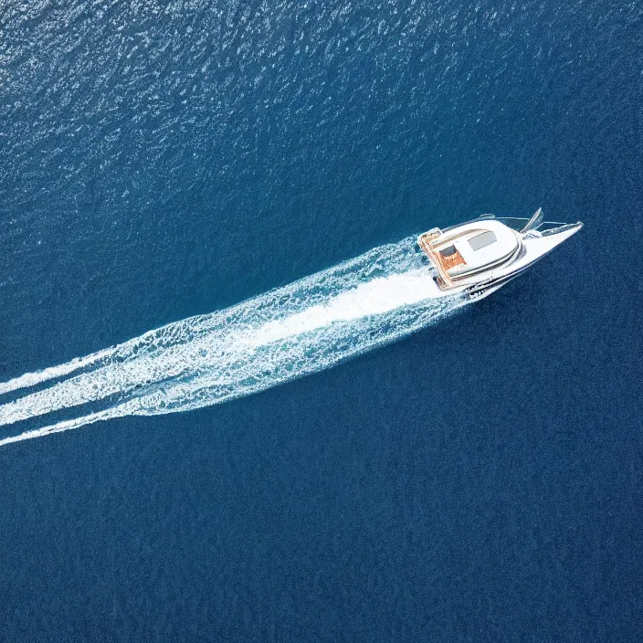 Prompt: an aerial perspective of a yacht sailing in a crystal clear ocean, photo - realistic, highly detailed