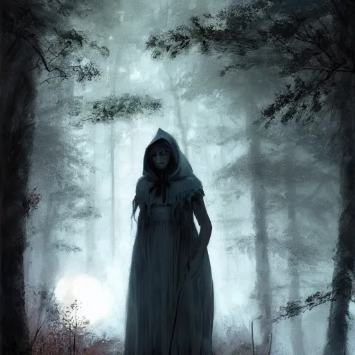 Image similar to little red riding hood on dark moonlight forest path, darkwave, darksynth, concept art, sharp, digital matte painting, art by, greg rutkowski, wlop, dramatic lighting, trending on artstation