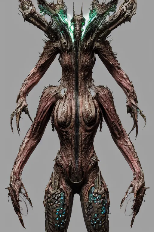 Image similar to skin concept costume, in full growth, biopunk, predator, trypophobia, many details, crystals, guyver style, 3 d, gods, cinematic, hyper realism, high detail, octane render, art by hans giger