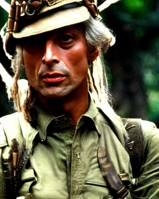 Image similar to Jeff Goldblum as Major Dutch in Predator, 1987, movie still