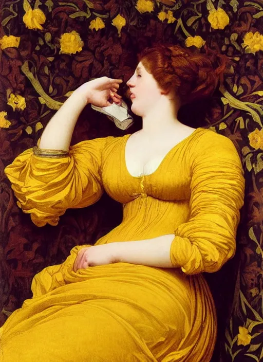 Image similar to masterpiece portrait of lady reclining on bed wearing yellow ochre ornate medieval dress, vertical, foreshortening, colour photography by frederic leighton, william morris, 8 k