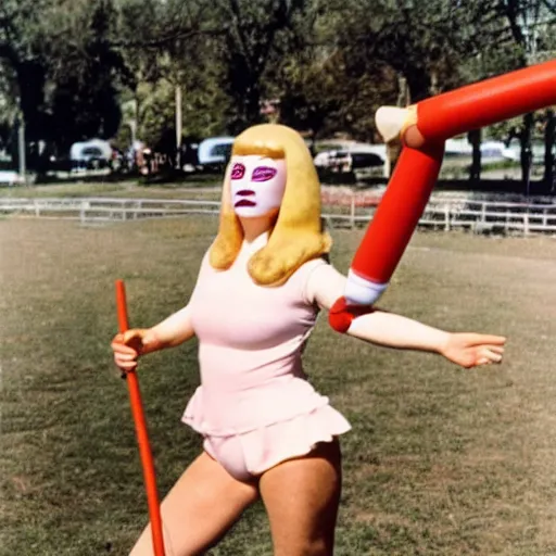 Image similar to 1981 woman on tv show wearing a squishy inflatable prosthetic mask long stick nose, soft color wearing a leotard at the park 1981 color film 16mm holding a an inflatable animal Fellini John Waters Russ Meyer Doris Wishman old photo