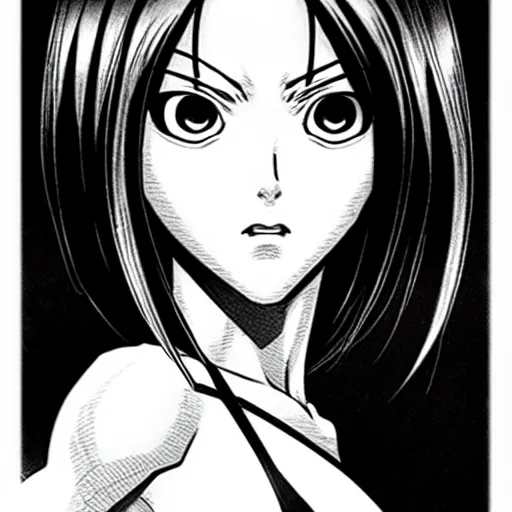 Image similar to alita by yukito kishiro. medium shot. black and white manga. pencil drawing. high detailed face