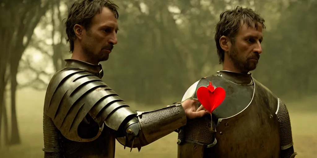 Image similar to film still of closeup the knight holds a bleeding heart in his hand by emmanuel lubezki