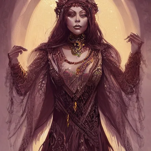 Image similar to a portrait of ornella muti as a sorceress, urban motifs, intricate, elegant, highly detailed, digital painting, trending on artstation, concept art, smooth sharp focus, illustration, art by artgerm and greg rutkowski