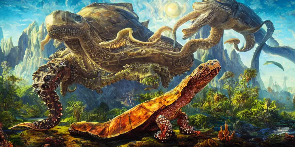 Image similar to fantasy oil painting, great leviathan, cybernetic turtle cephalopod terrapin reptilian pachyderm squid, bella hadid, hybrid, milla jovovich, anubis epic islamic city, natural light, lush plants flowers, spectacular mountains, bright clouds, luminous sky, outer worlds, golden hour, michael cheval, edward hopper, michael whelan, hd