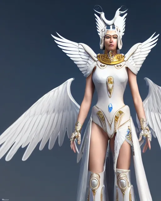 Prompt: perfect white haired egyptian goddess wearing white dove wings, warframe armor, regal, attractive, ornate, sultry, beautiful, charlize theron, half asian, pretty face, blue eyes, detailed, scifi platform, 4 k, ultra realistic, epic lighting, cinematic, masterpiece, art by akihito tsukushi, voidstar, trending on artstation