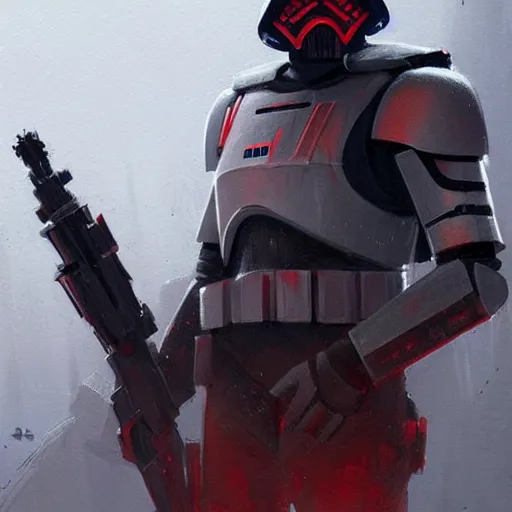 Image similar to star wars concept art by greg rutkowski, soldier wearing the gray and red colored galactic federation tactical gear, highly detailed portrait, digital painting, artstation, concept art, smooth, sharp foccus ilustration, artstation hq