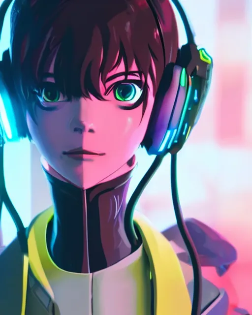 Prompt: rei from neon genesis evangelion, wearing a cybernetic headset, eyes closed, cyberpunk background, dramatic lighting, octane, 8 k